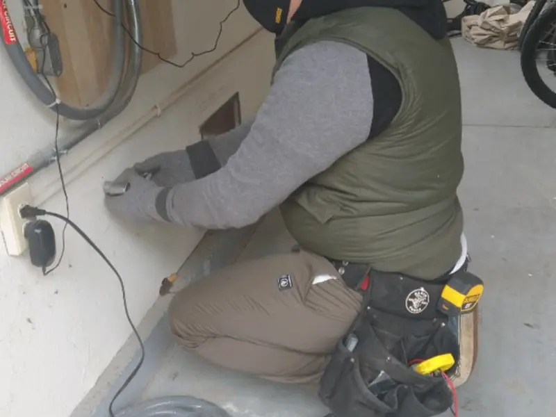 Electrician performing outlet wiring in a New Philadelphia garage